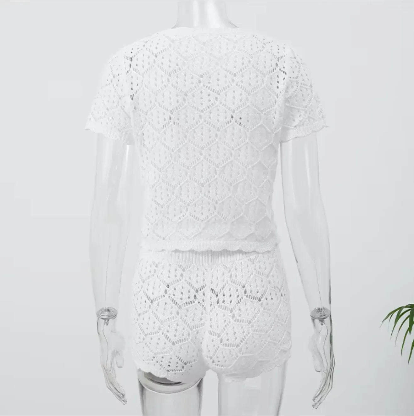 Casual hollow out knitted short set women