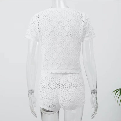 Casual hollow out knitted short set women
