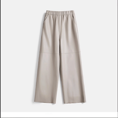 Women black sheepskin leather wide leg trousers