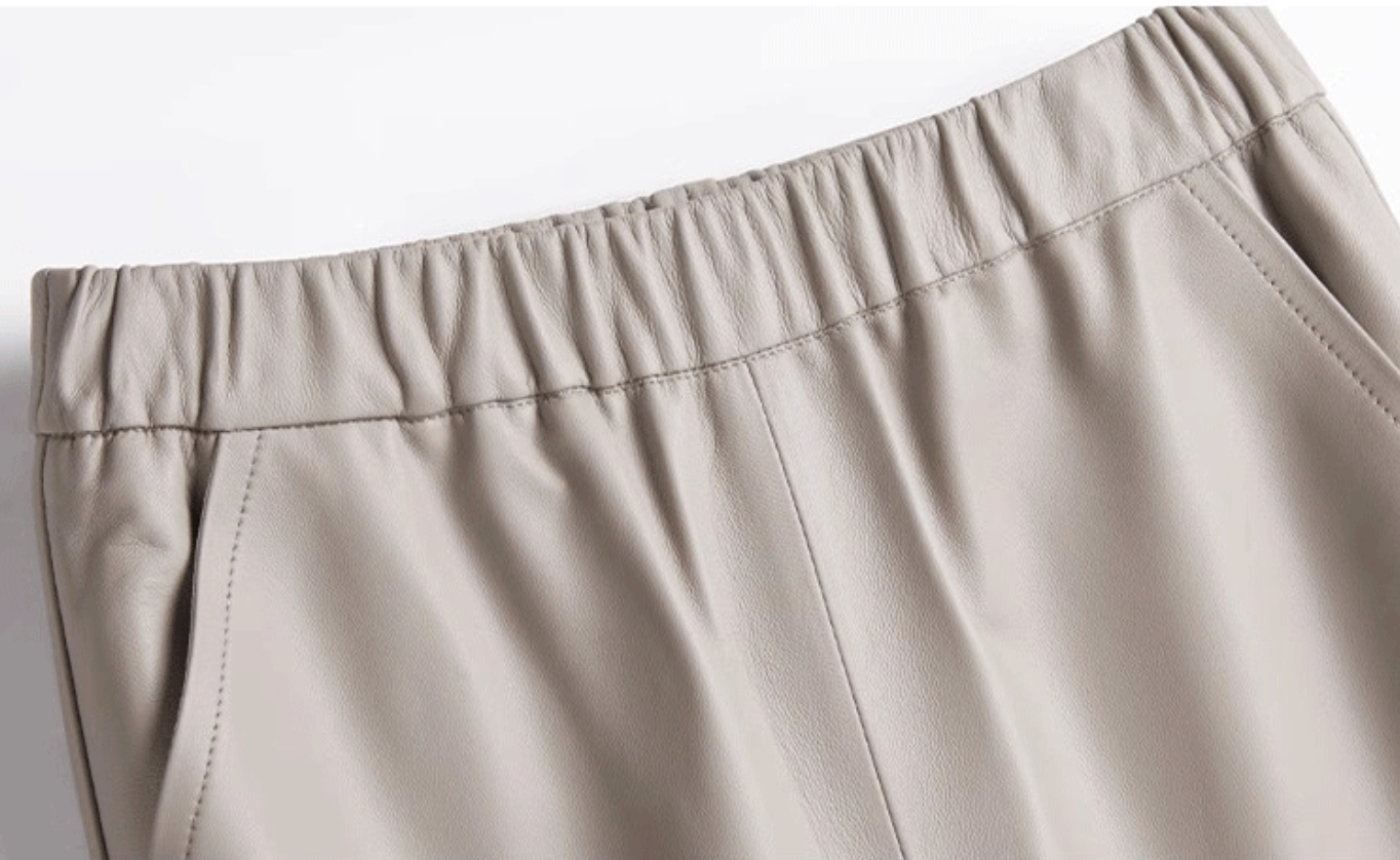 Women black sheepskin leather wide leg trousers