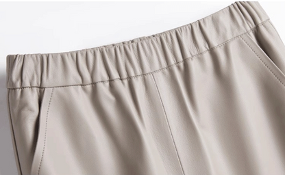 Women black sheepskin leather wide leg trousers