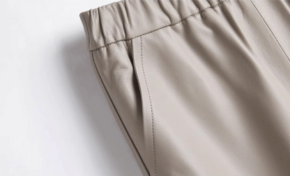 Women black sheepskin leather wide leg trousers