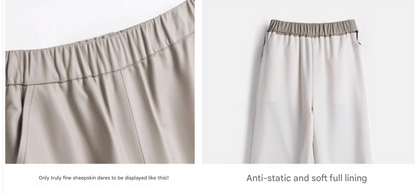 Women black sheepskin leather wide leg trousers