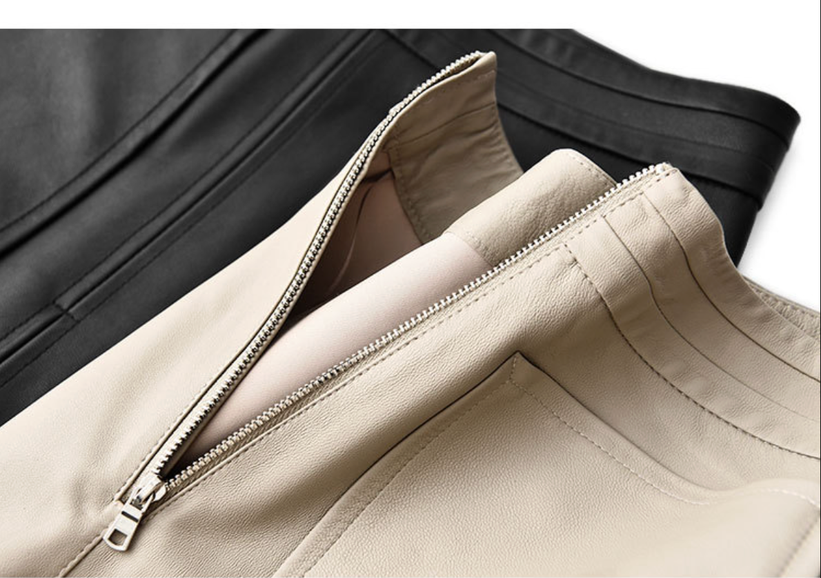 Genuine leather high waist pleated midi skirt