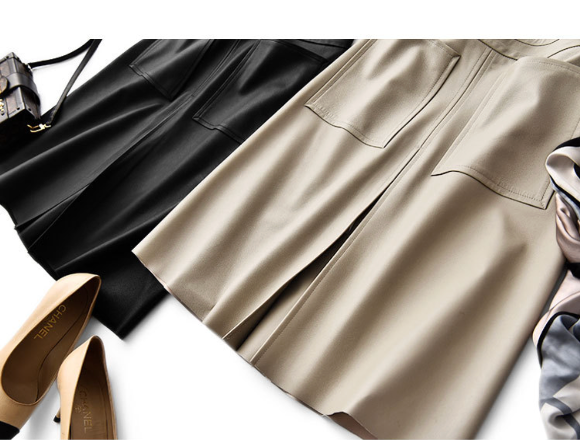Genuine leather high waist pleated midi skirt