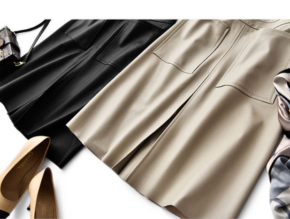 Genuine leather high waist pleated midi skirt