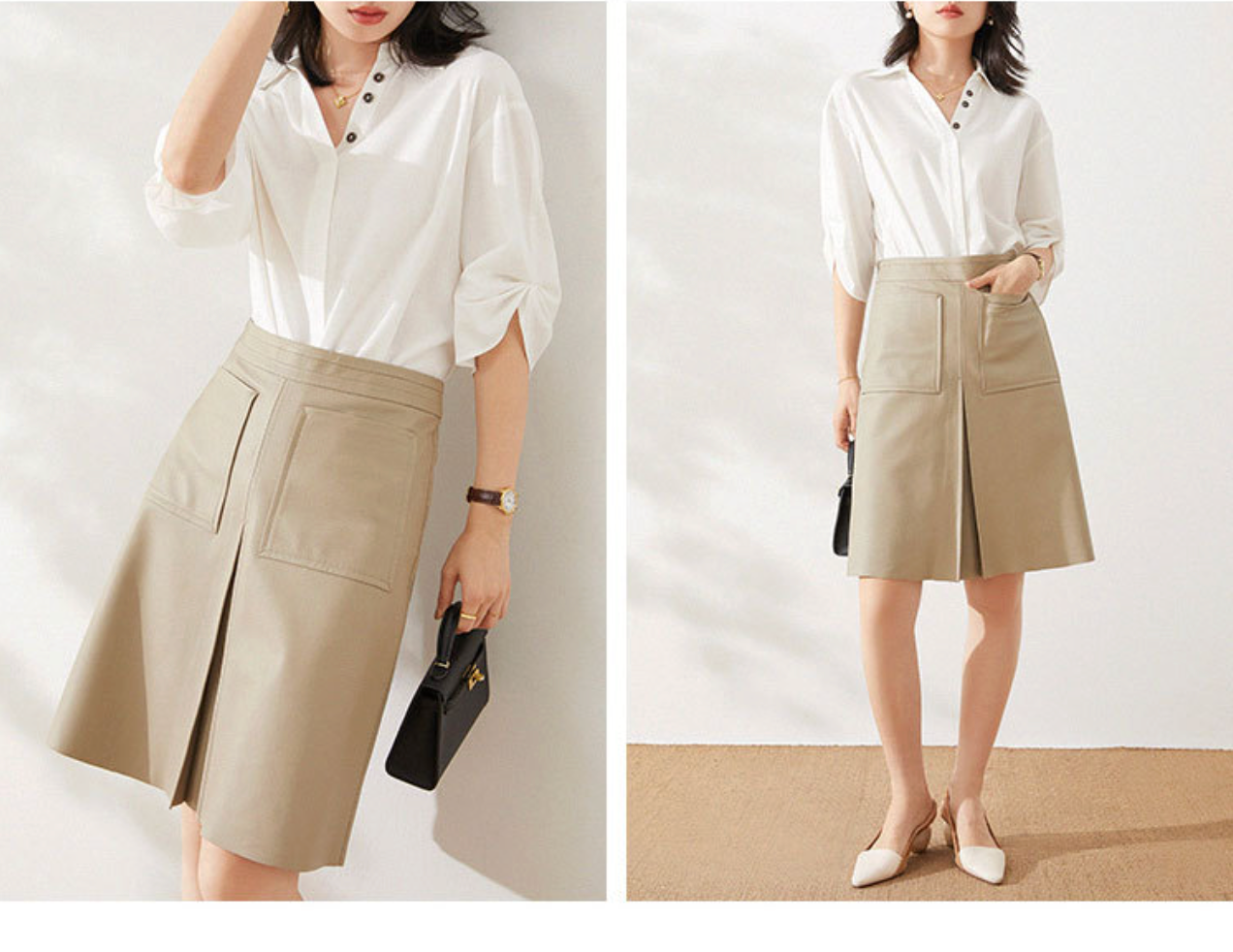 Genuine leather high waist pleated midi skirt