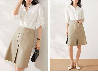 Genuine leather high waist pleated midi skirt