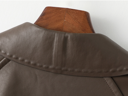 Mid length women leather trench jacket coat