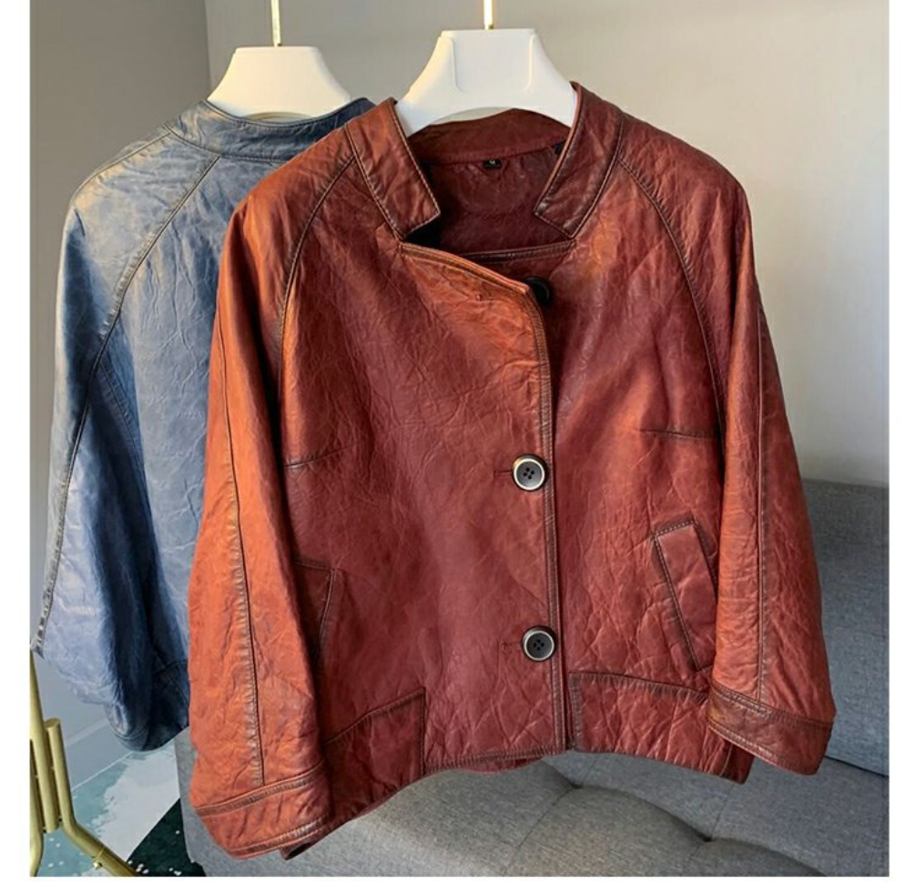 Retro distressed leather bomber jacket women
