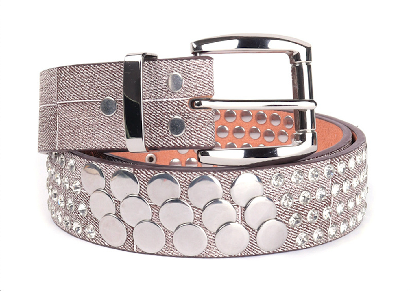 Women punk rhinestone stud faux leather belt Pink 105 cm