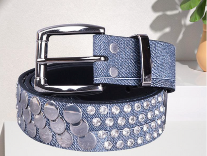 Women punk rhinestone stud faux leather belt