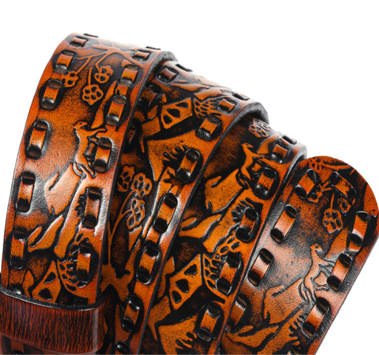 Women punk embossed leather tiger buckle belt