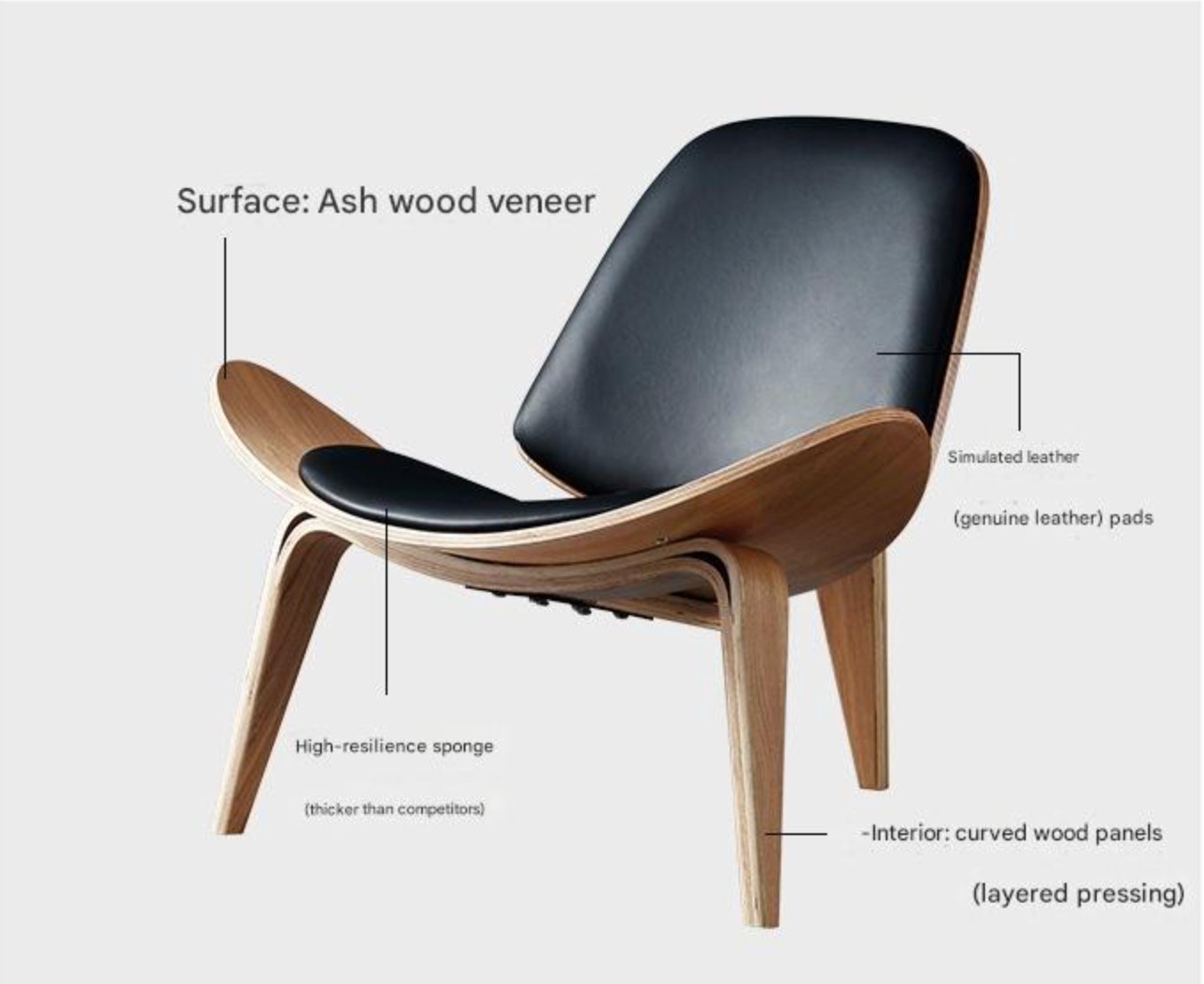 Mid century solid wood leather shell lounge chair