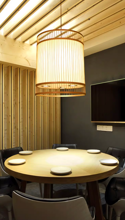 Modern bamboo weaving cylinder chandelier Bamboo natural color 50*60cm + white inner cover with bottom spotlight