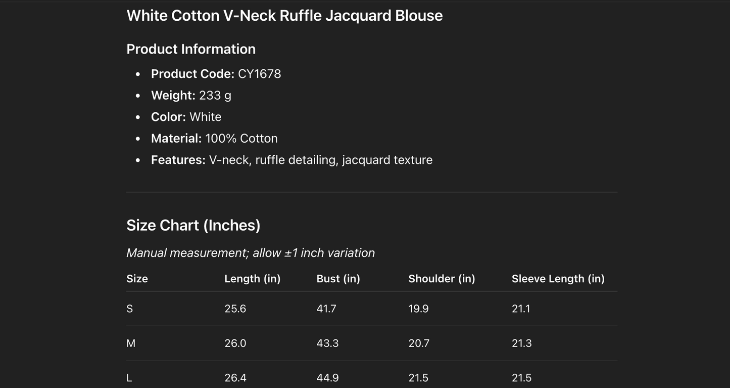 French ruffled v neck cotton blouse