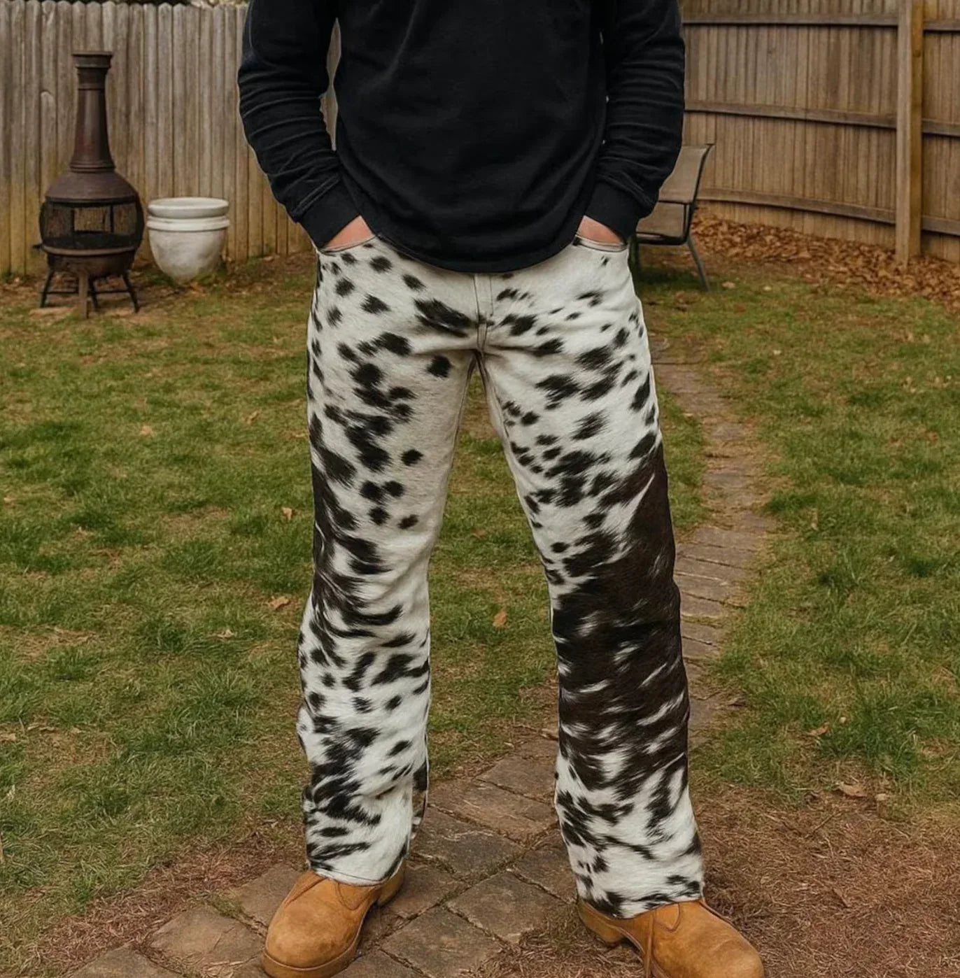 Cowhide leather boot cut pants for men