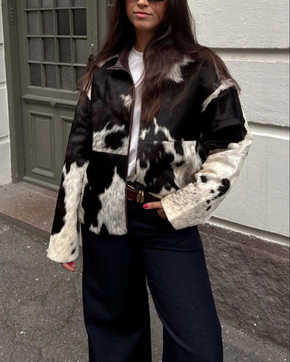 Women cowhide hair on leather jacket