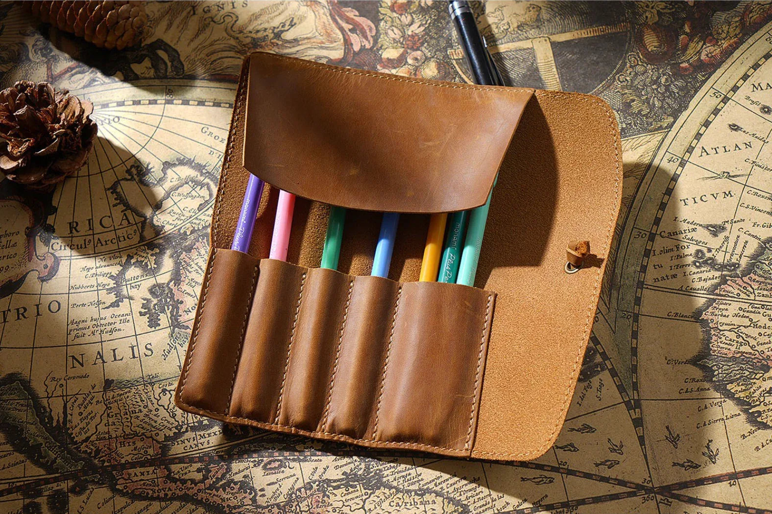 Retro cowhide roll up leather pencil case