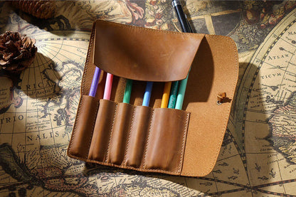 Retro cowhide roll up leather pencil case