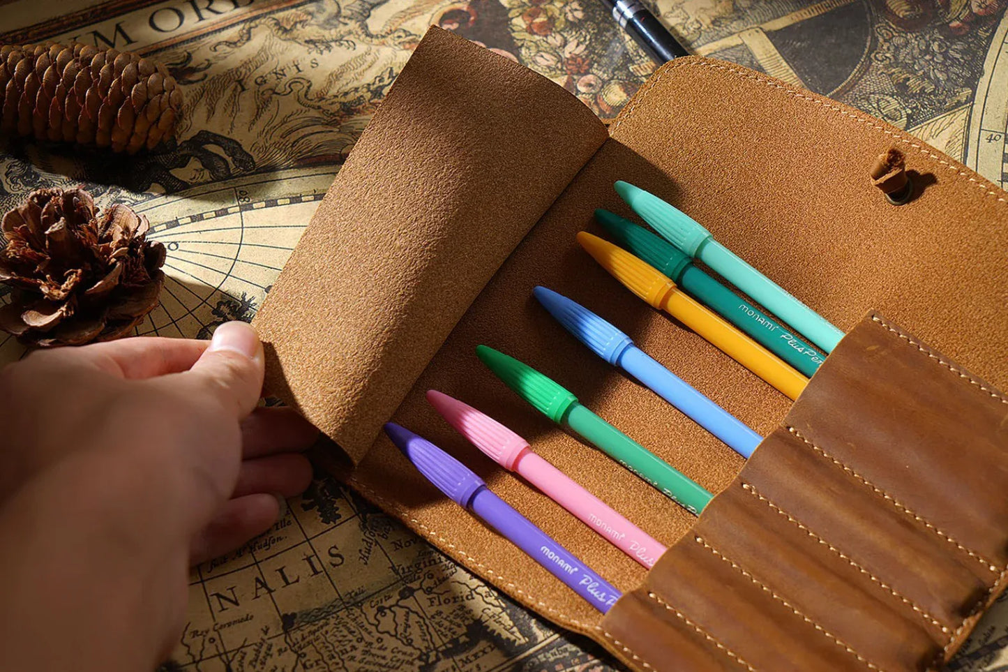 Retro cowhide roll up leather pencil case