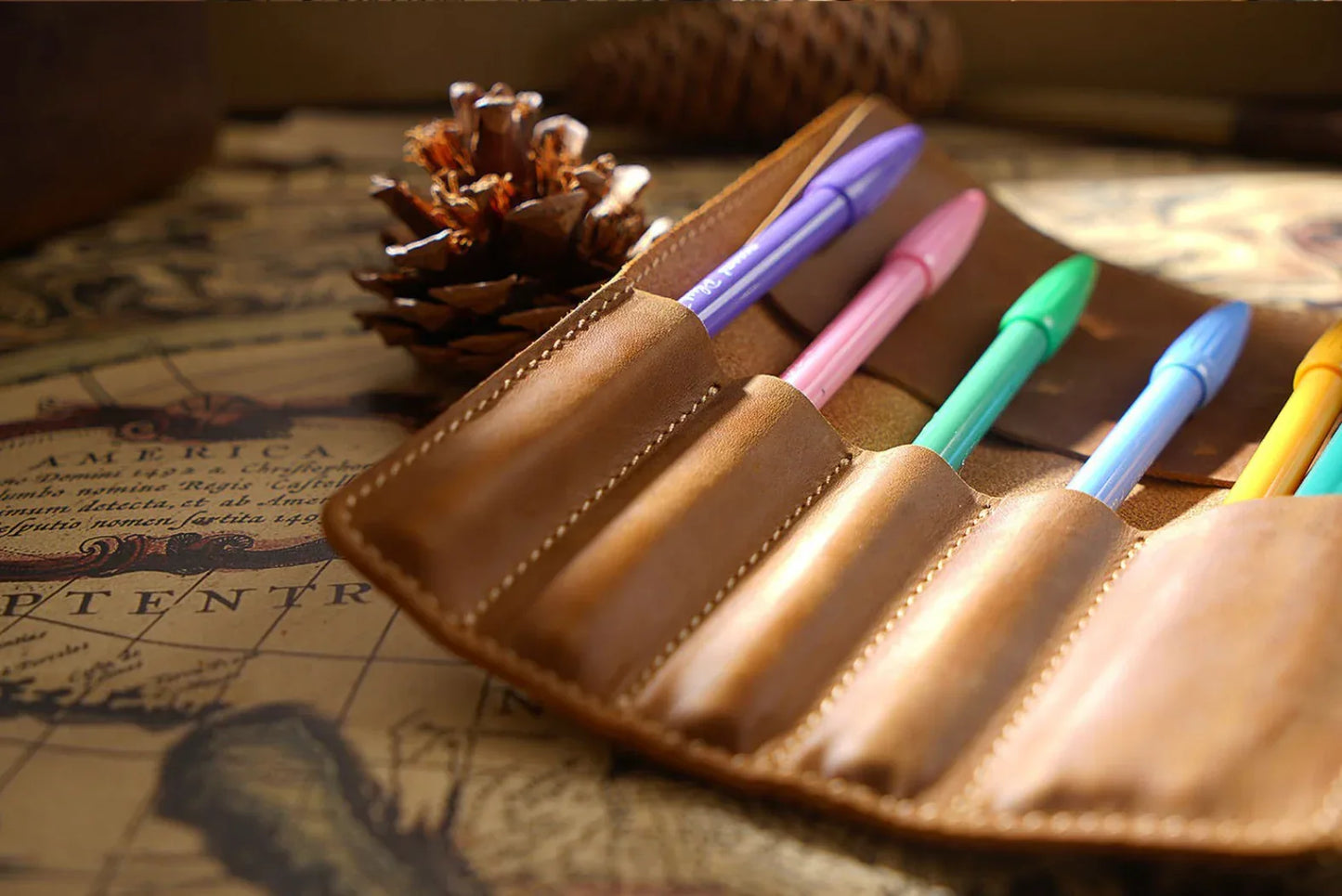 Retro cowhide roll up leather pencil case