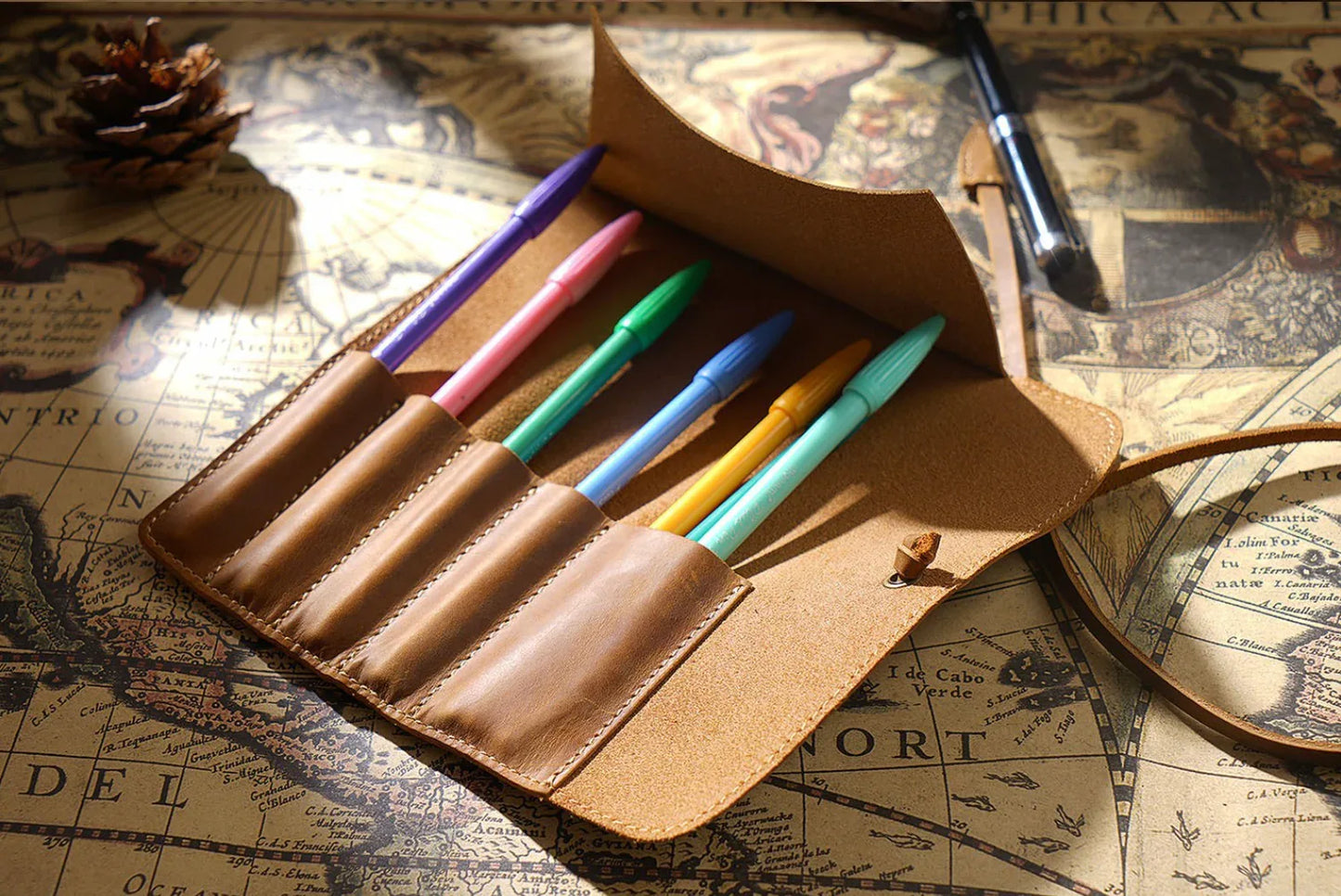 Retro cowhide roll up leather pencil case