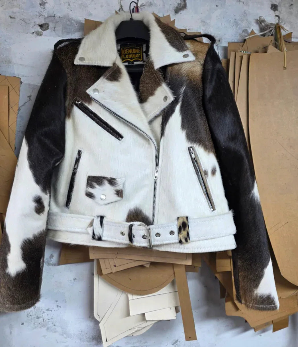 Women Cowhide Jacket Speckled Black White 2nd Picture Solid S