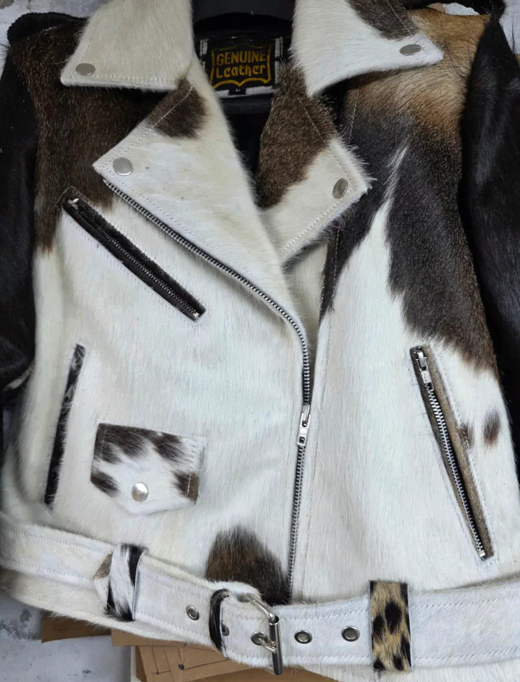 Women Cowhide Jacket Speckled Black White