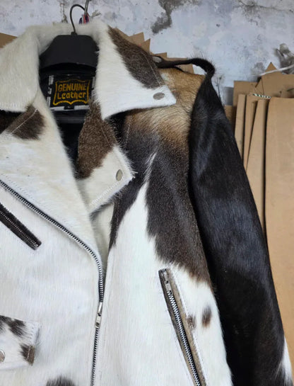 Women Cowhide Jacket Speckled Black White