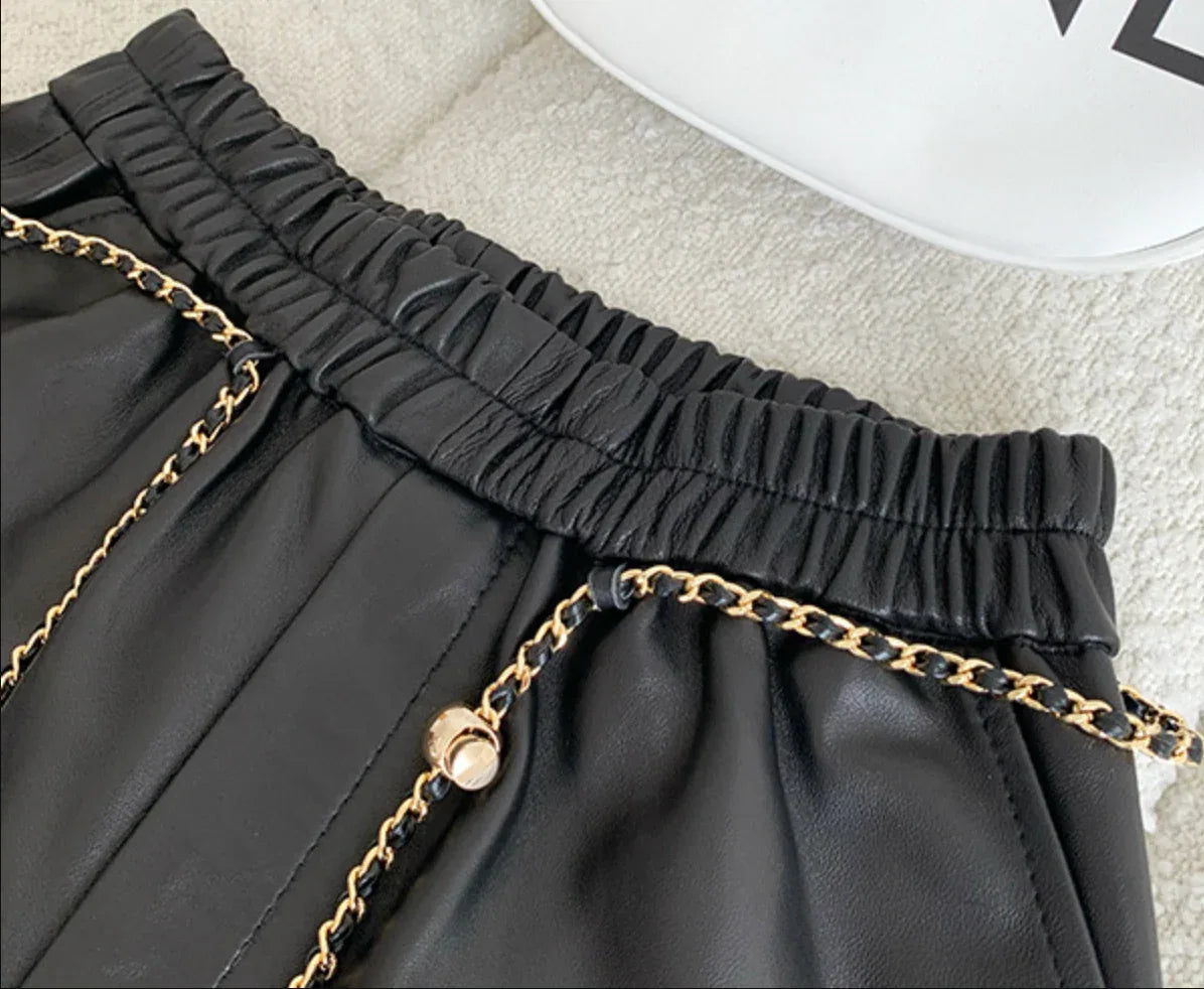 Women's High Waist Real Leather Shorts