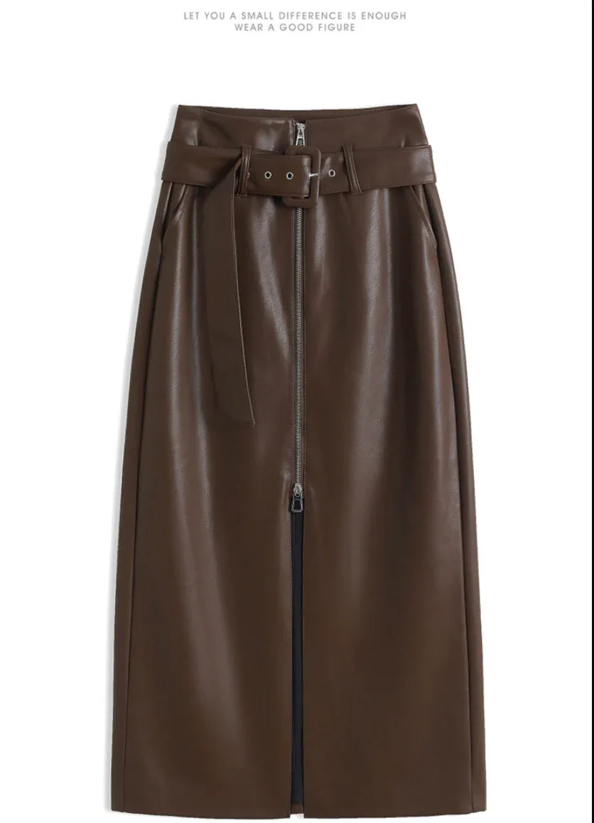 High waist belted zip front leather midi skirt
