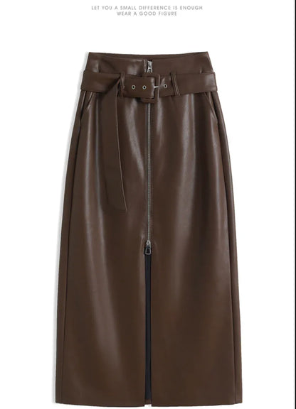High waist belted zip front leather midi skirt