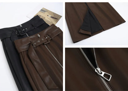 High waist belted zip front leather midi skirt