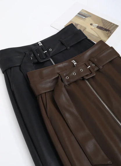 High waist belted zip front leather midi skirt