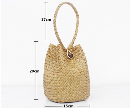 Straw bucket handbag with scarf handle for beach summer