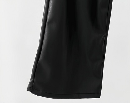 Black high waisted straight leg faux leather pants women