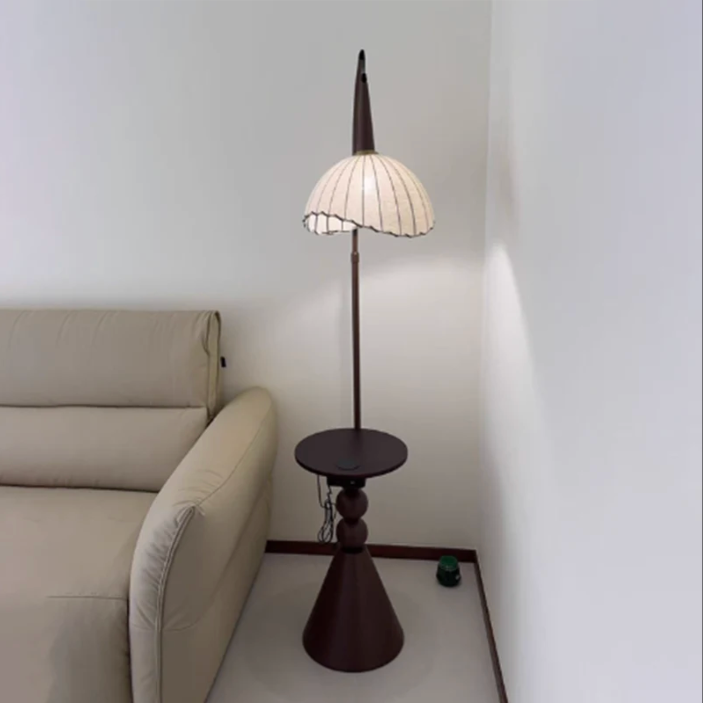retro wood floor lamp with side shelf lighting
