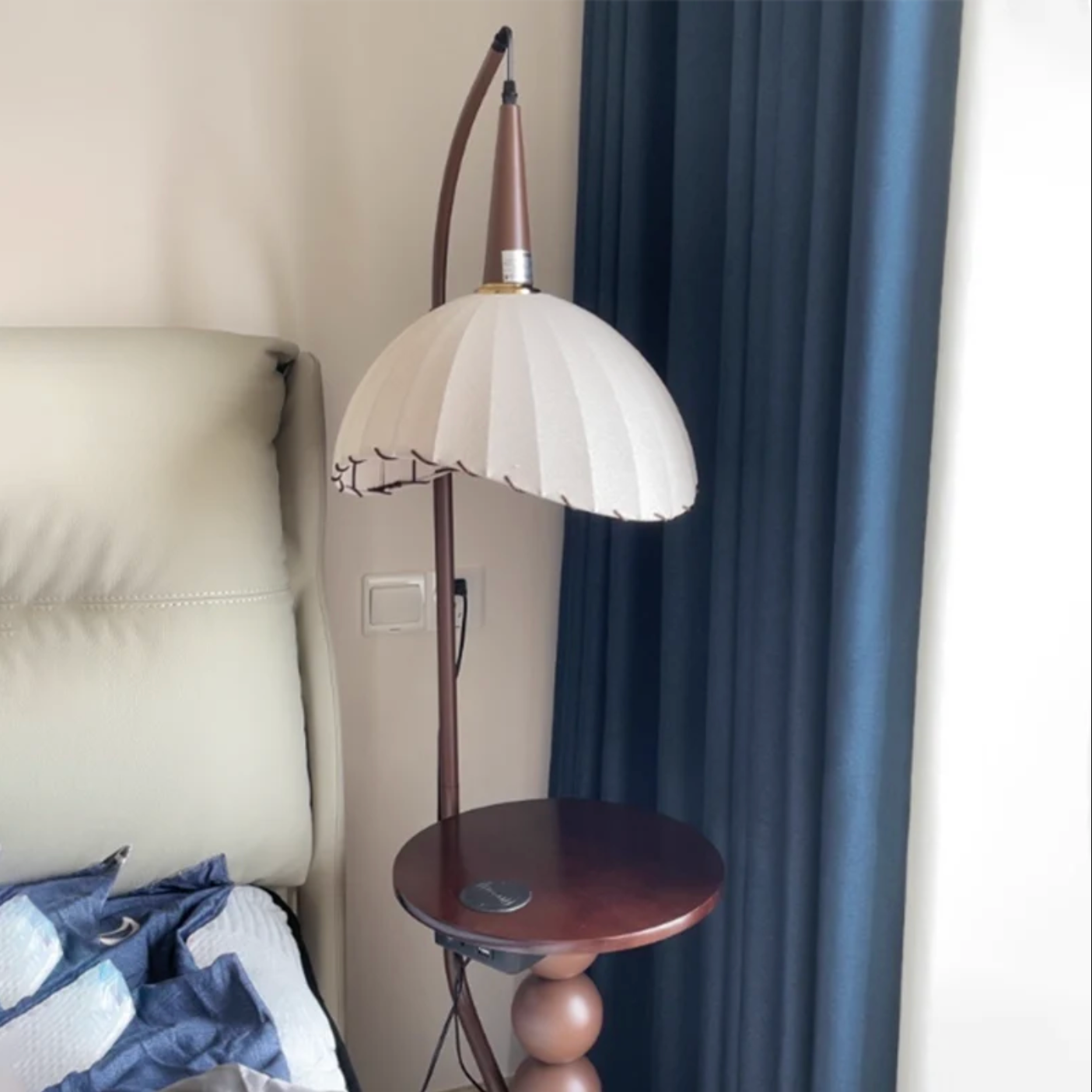 retro wood floor lamp with side shelf lighting