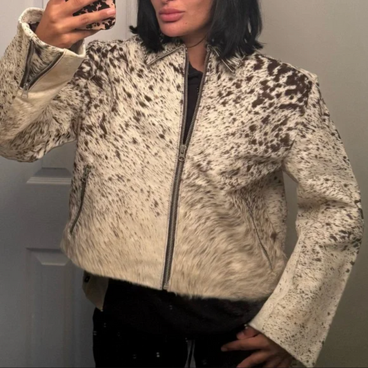 Women Cowhide Jacket Speckled Brown White
