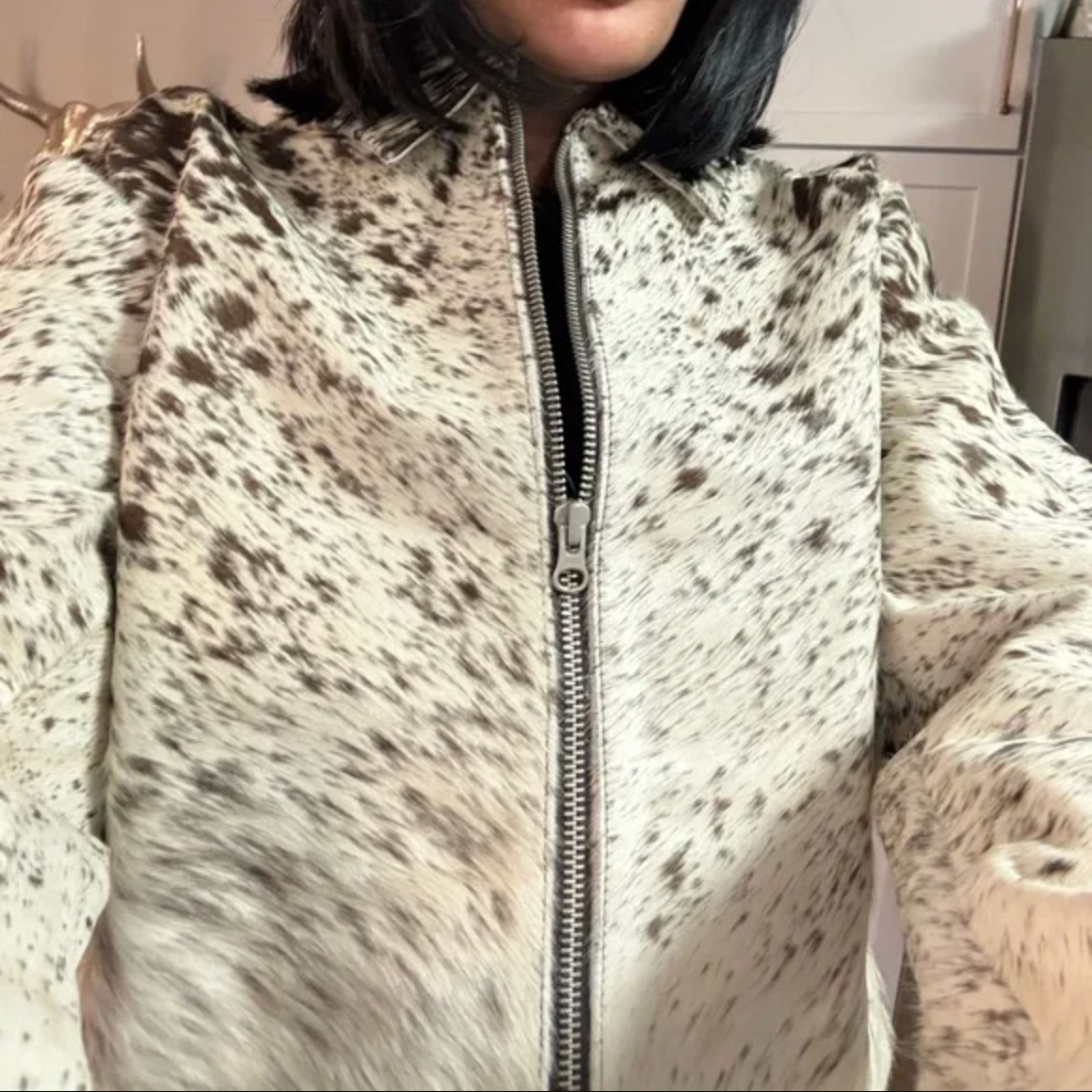 Women Cowhide Jacket Speckled Brown White