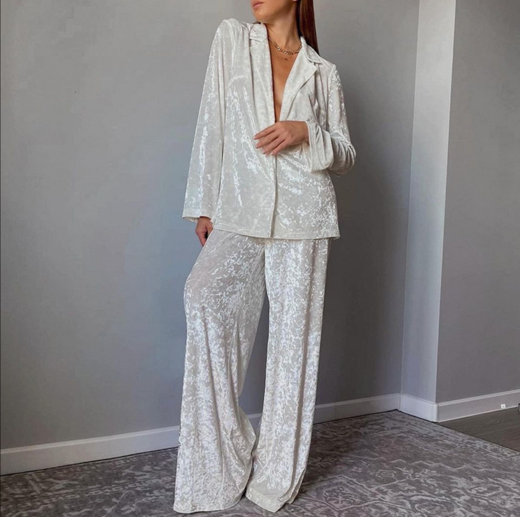 White velvet lounge set women two piece relaxed fit outfit
