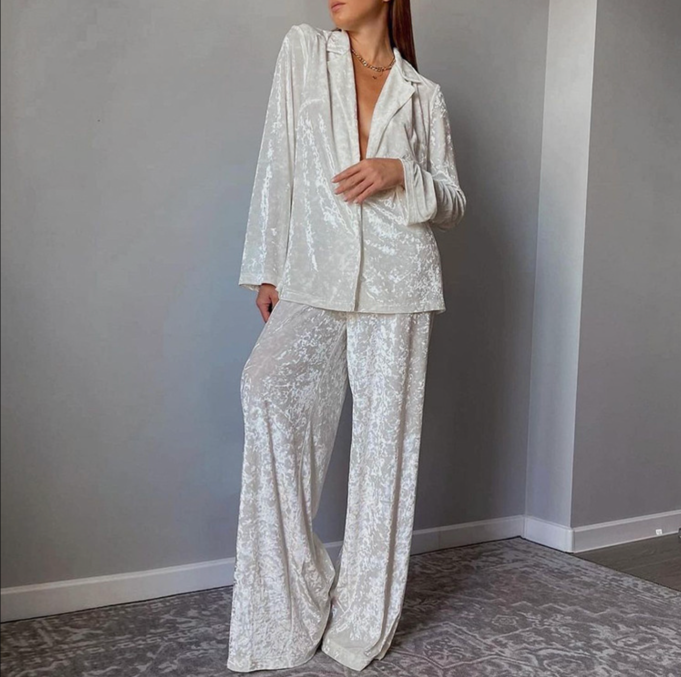 White velvet lounge set women two piece relaxed fit outfit