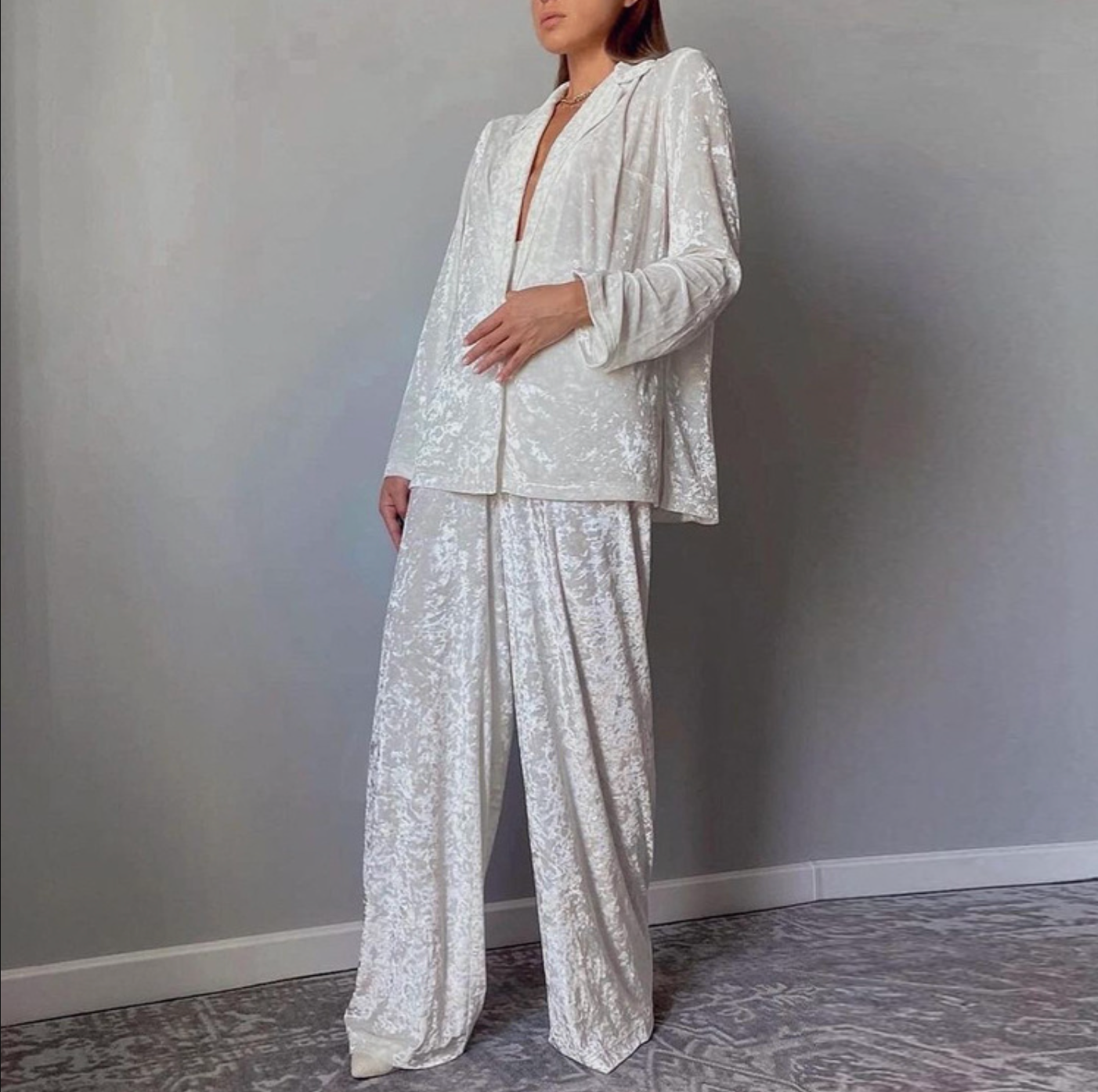 White velvet lounge set women two piece relaxed fit outfit