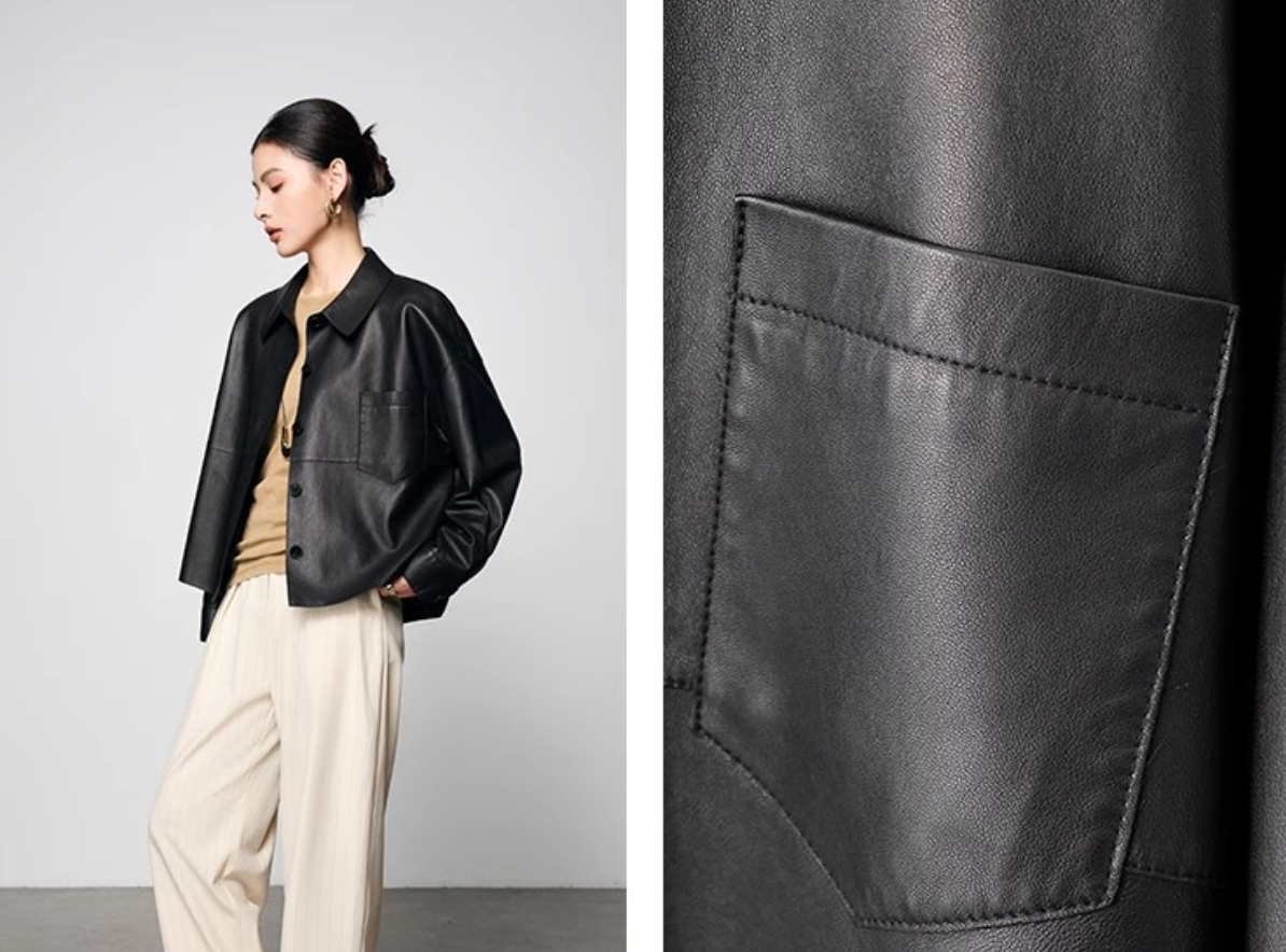 Genuine Leather Shirt Women Black Button Pocket