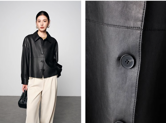 Genuine Leather Shirt Women Black Button Pocket