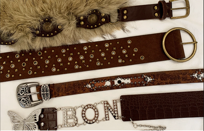 Retro western rivet belt women brown waist chain floral design