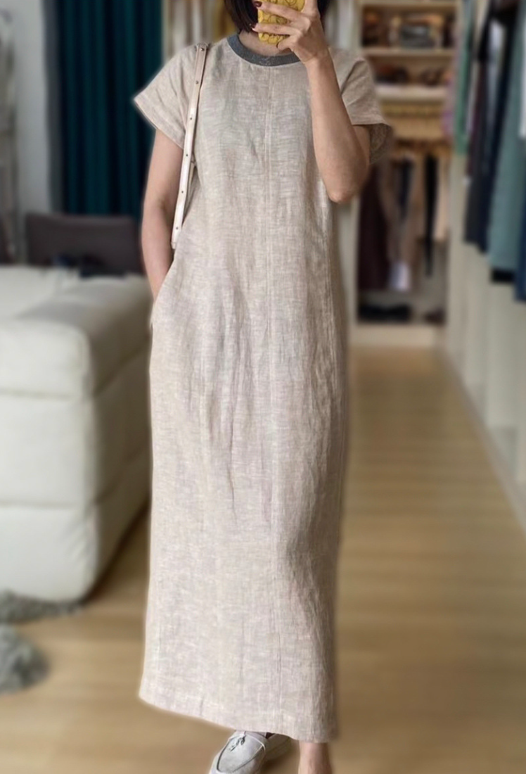 Apricot linen embroidered midi dress v neck summer flowy fit