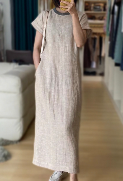 Apricot linen embroidered midi dress v neck summer flowy fit