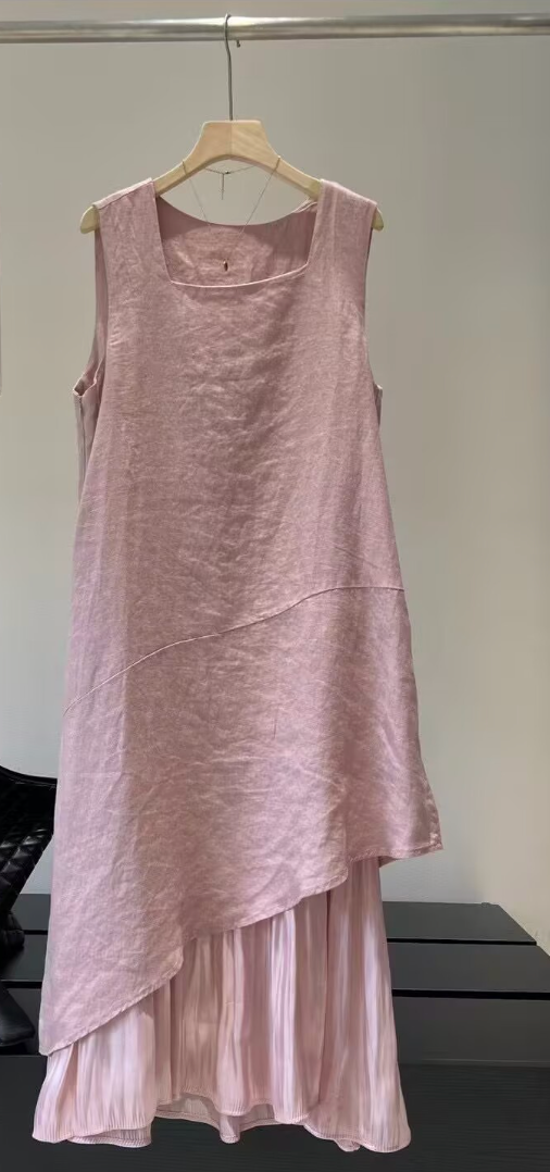 linen irregular hem midi dress layered summer sleeveless loose fit